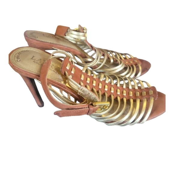 Lauren Ralph Lauren Tan/Gold Cushion Soft Strappy Suede Leather Heels Sandals - Picture 8 of 8